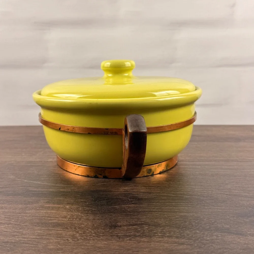 Bauer Pottery Chartreuse Casserole Lid Copper Wood Stand California